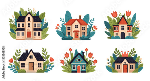 Charming collection of six different cute and cozy houses surrounded by lush green foliage and colorful flowers vector set.