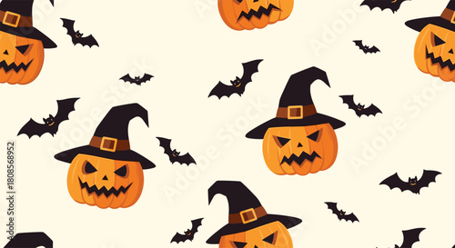 Spooky and fun seamless Halloween pattern featuring scary jack-o'-lanterns wearing witch hats and flying black bats.