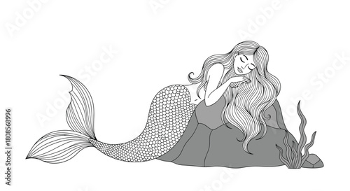 Beautiful and serene mermaid with long flowing hair sleeping peacefully on a rock in a black and white line art drawing.