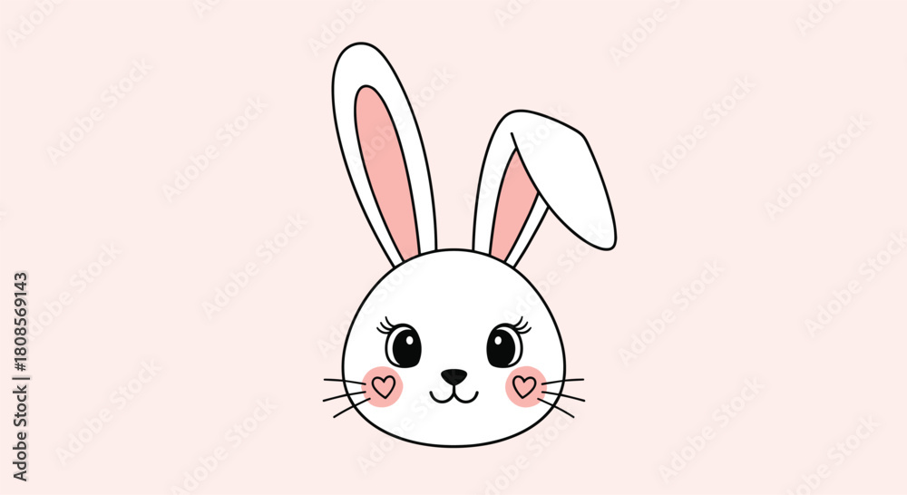 Obraz premium Adorable face of a cute white bunny rabbit with long ears and sweet heart-shaped blush on its cheeks on a pink background.