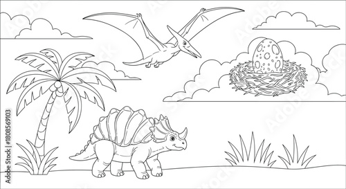 Children's coloring page featuring a triceratops dinosaur a pterodactyl and a nest with an egg in a prehistoric landscape.
