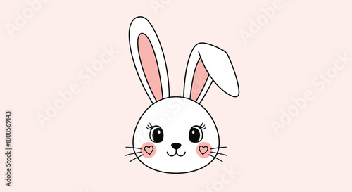 Adorable face of a cute white bunny rabbit with long ears and sweet heart-shaped blush on its cheeks on a pink background.