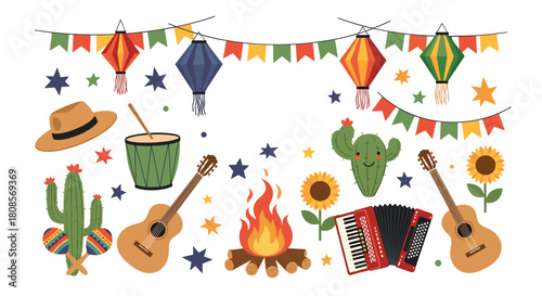 Collection of colorful vector elements for the Brazilian Festa Junina celebration with guitars lanterns a campfire and cacti.