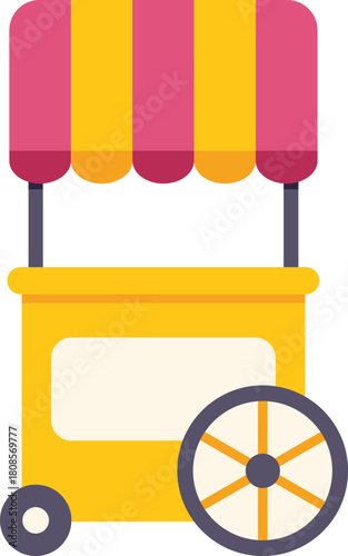 Colorful illustration of an empty food cart with a striped awning, ready to serve hungry customers at an outdoor event