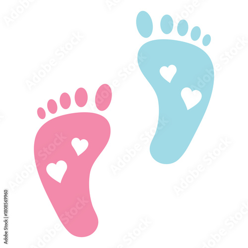 Baby feet icon. Love heart blue boy or pink girl sign. Baby feet sign. Set icons colorful. Vector Illustration. 