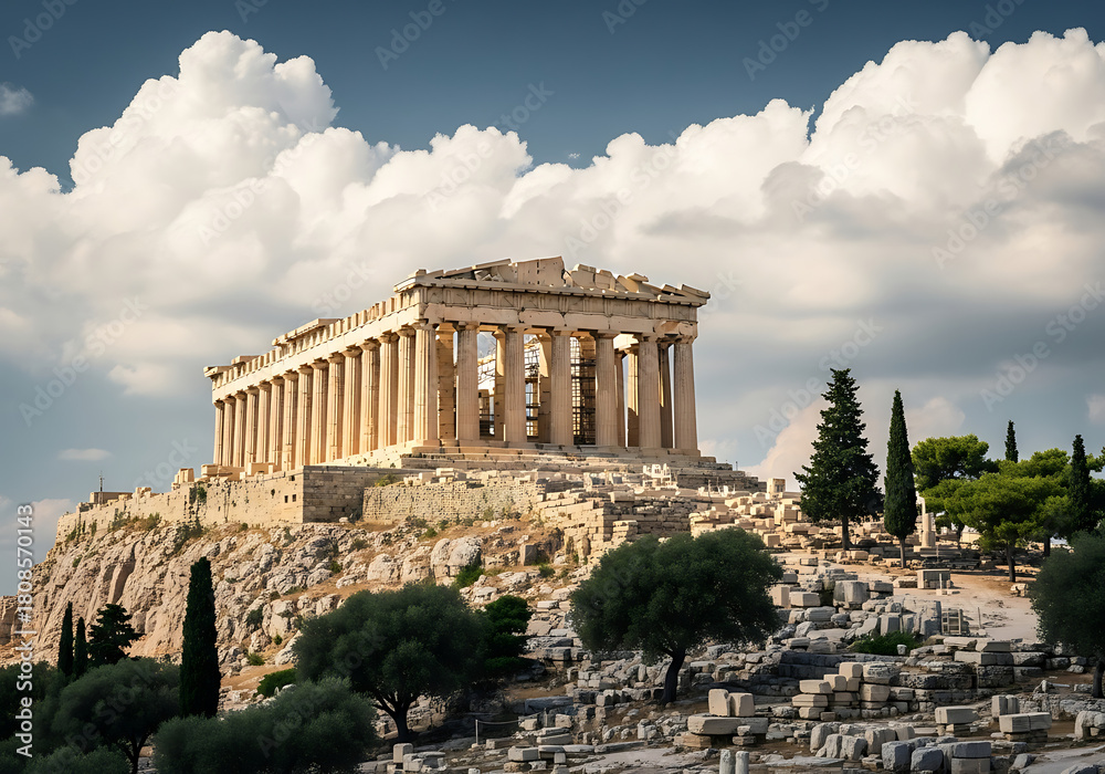 Fototapeta premium The iconic ancient parthenon temple on the acropolis in athens, greece, under a blue sky with white clouds