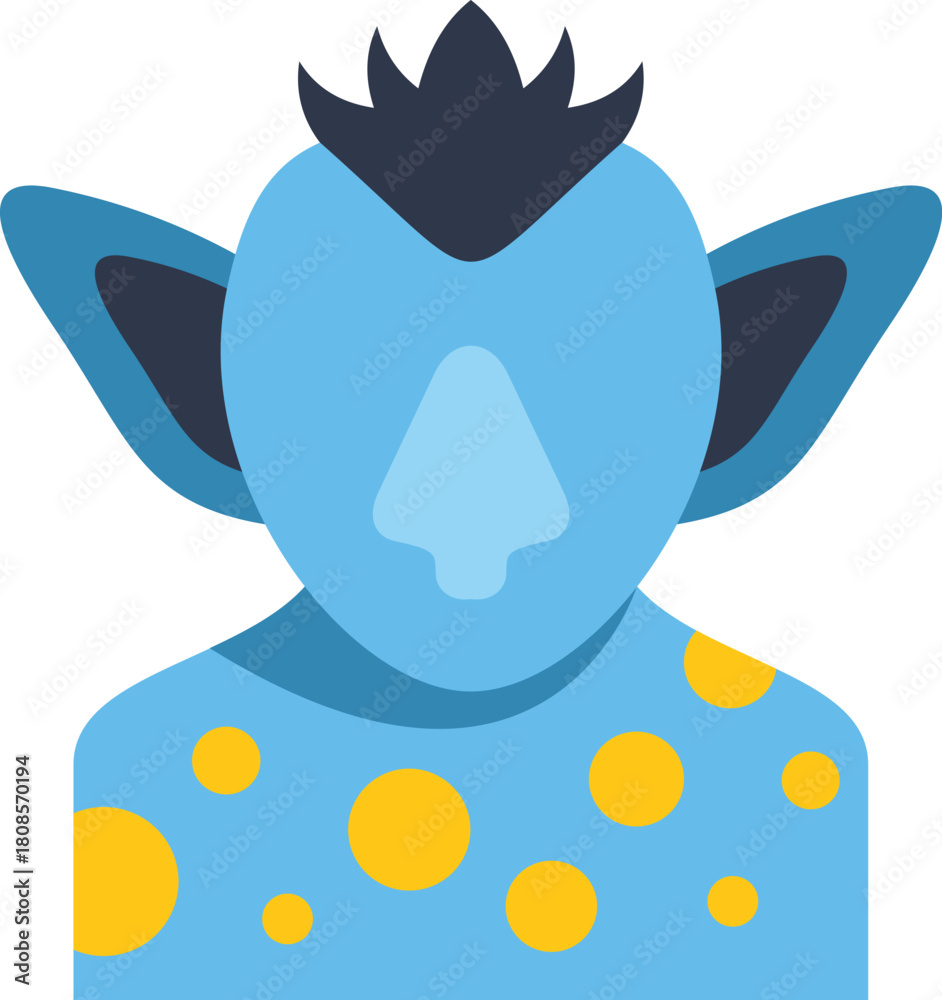 Fototapeta premium Cartoon troll character with blue skin, yellow dots, pointy ears and black hair, ideal for fantasy games, books, and animations