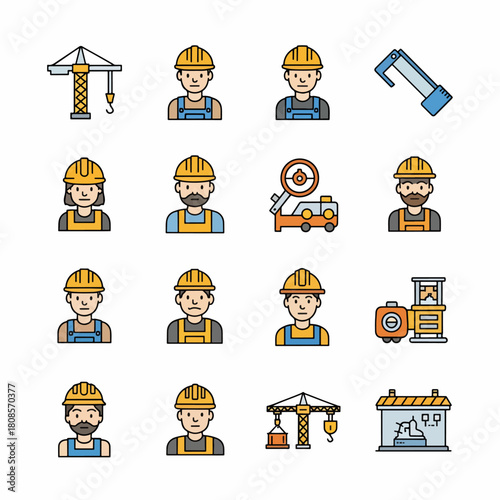 Construction Workers and Building Equipment Icons Set Vector Graphic Collection Featuring Cranes, Tools, and Safety Helmets