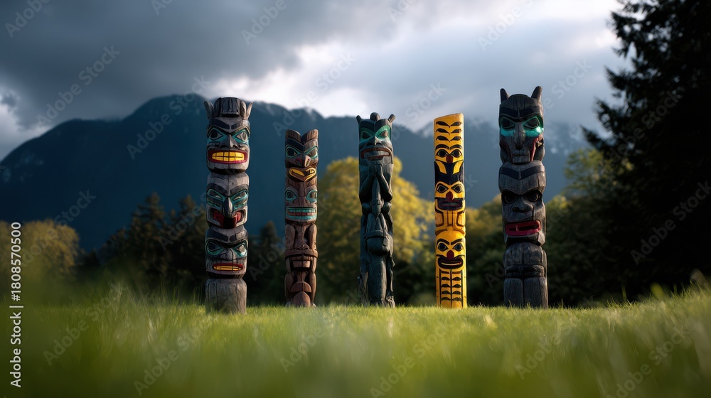 Obraz premium Totem poles in green field