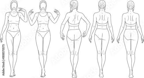Female body outline sketch, fashion croquis template, woman in underwear front and back view, vector line art illustration, isolated model.