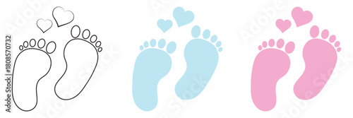 New born, pregnant or coming soon footprints shoes and shoe sole. Kids or baby feet and foot steps Fun vector footsteps icon for print. Love heart blue boy or pink girl sign on white back ground eps10