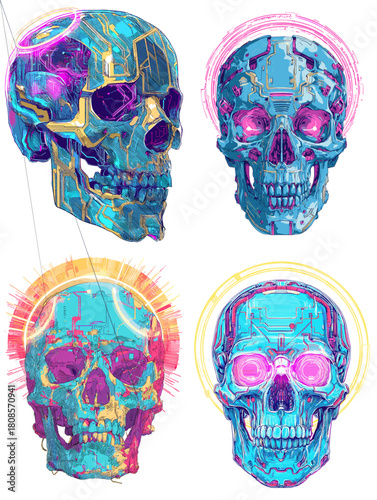 Vibrant futuristic skull illustration featuring neon circuitry, glowing patterns, and cyber inspired details, creating a bold sci fi artwork filled with electric modern energy.
