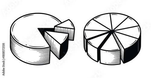 Hand drawn pie chart isolated on white background illustration of circle graph with slices, representing data, statistics, market share, and business analysis