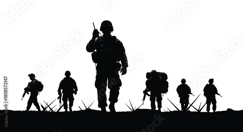 Silhouette of a military unit walking through a field isolated on white background, showcasing teamwork and combat readiness in a war zone