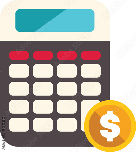 Electronic calculator calculating money and finances costs, with dollar coin aside