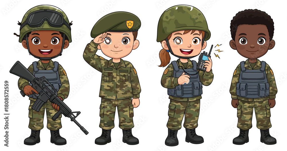 Naklejka premium Diverse group of cartoon children dressed as soldiers in various poses isolated on white background, showcasing military uniforms and equipment