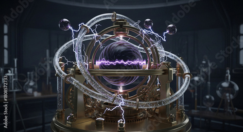 Futuristic Steampunk Energy Generator with Glowing Purple Lightning and Gears in a Dark Laboratory