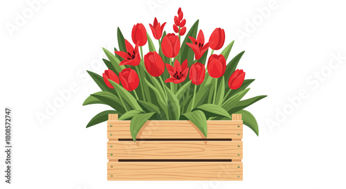 A wooden crate overflowing with vibrant red tulips and lush green leaves.