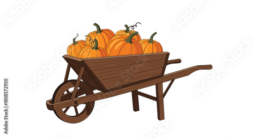 Wooden wheelbarrow overflowing with ripe pumpkins on a white background.