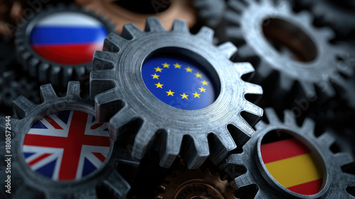 Metal gears with European Union, United Kingdom, Russia, and Spain flags symbolize international cooperation and political
