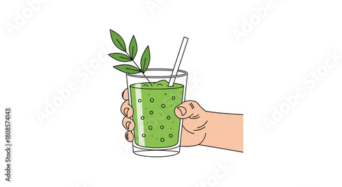 Hand holding a refreshing green smoothie garnished with leaves and a straw.