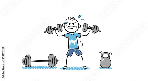 A stick figure person struggling to lift dumbbells while sweating and looking strained.