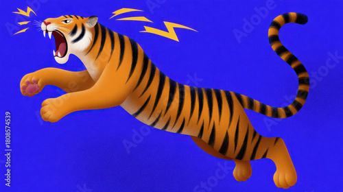 Roaring tiger with orange fur and black stripes jumping aggressively with blue background and dynamic expression