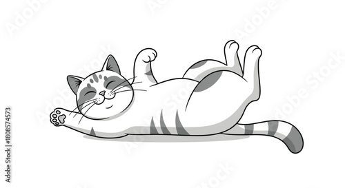 Cute cartoon cat lying on its back with paws in the air and a happy expression.