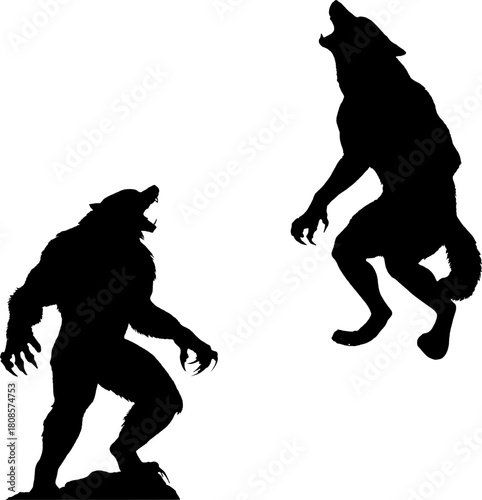 Silhouettes of Werewolf Howling at the Moon.