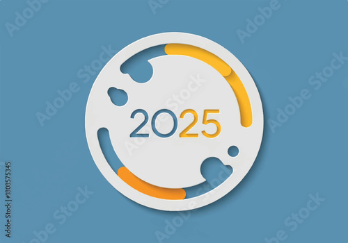 Abstract round emblem with 2025 numerals and colorful arcs on blue background for modern graphic design.