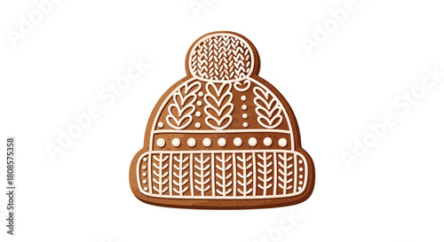 A festive gingerbread cookie shaped like a knitted winter hat with white icing details.
