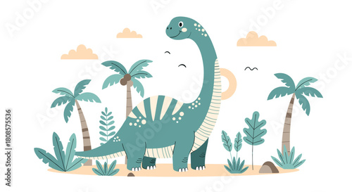 Cute cartoon dinosaur with long neck standing in a prehistoric jungle with palm trees and clouds.