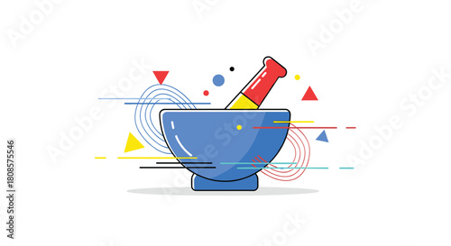 Abstract illustration of a blue mortar and pestle with colorful geometric shapes and lines.