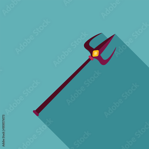 Cartoon trident with three prongs and a gem is casting a long shadow on a turquoise background