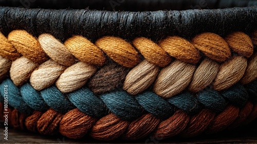 Textured close-up of a woven basket with multicolored yarn braids
