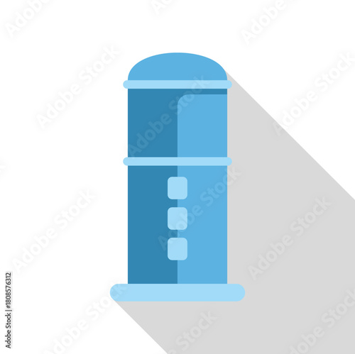 Blue water tower ensuring continuous water supply, depicted with a long shadow in a minimalist, flat design