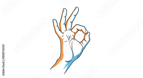 Hand forming an ok gesture with stylized blue and orange shading, isolated on white.