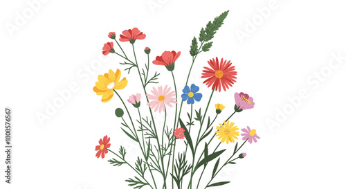 A colorful bouquet of wildflowers and a sprig of greenery on a white background.