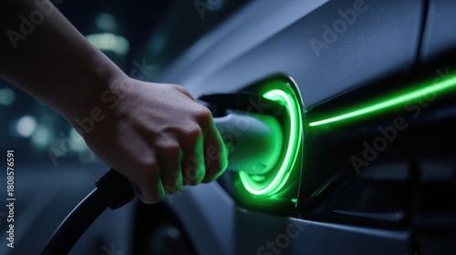 Woman charging electric car at station at night.