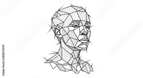 Geometric human bust illustration showcasing a fractured reality through linear structures
