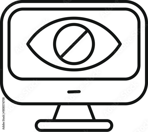 Simple line icon of a crossed eye on a computer monitor, representing privacy, data protection and avoiding surveillance