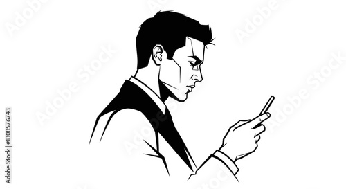 Stylized monochrome depiction of a modern professional using a mobile device intently