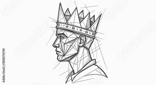 Geometric interpretation of a king with crown sketched with pencil on white sheet