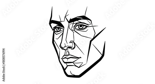 Geometric portrait illustration showcasing strong features in minimalist black lines on white