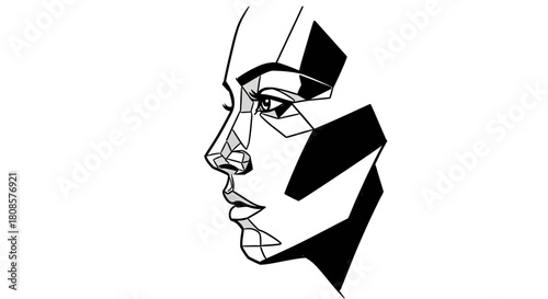 Abstract geometric representation of a female face in monochrome minimalist design