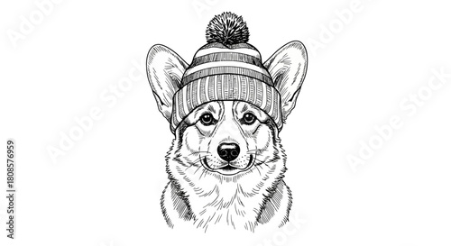 Charming corgi illustration wearing a cozy winter hat in detailed black and white drawing