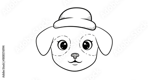 Adorable cartoon dog with a cute hat isolated on a white background ready to color