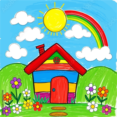 A whimsical, child-like drawing depicts a colorful house with a red door, surrounded by flowers, under a bright sun, rainbow and fluffy clouds, evoking childhood.