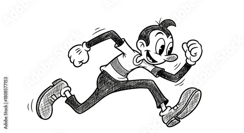 Animated cartoon character running with enthusiasm sketched in retro style illustration