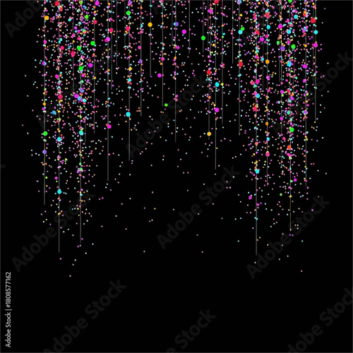 A vibrant digital illustration showcases a cascade of shimmering, colorful glitter particles against a stark black background, creating a festive atmosphere.